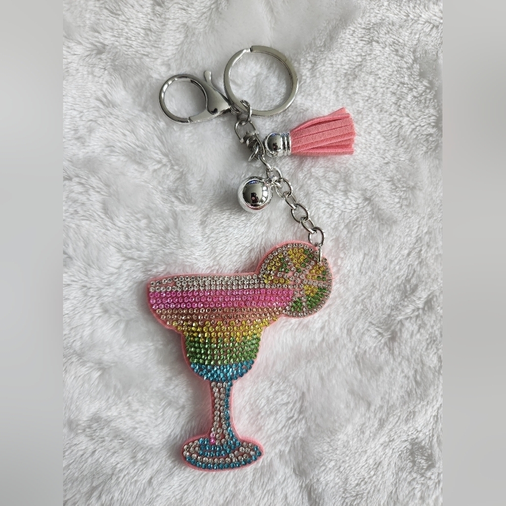 Colorful Rhinestone Cocktail Margarita Keychain with Pink Tassel Bag Charm